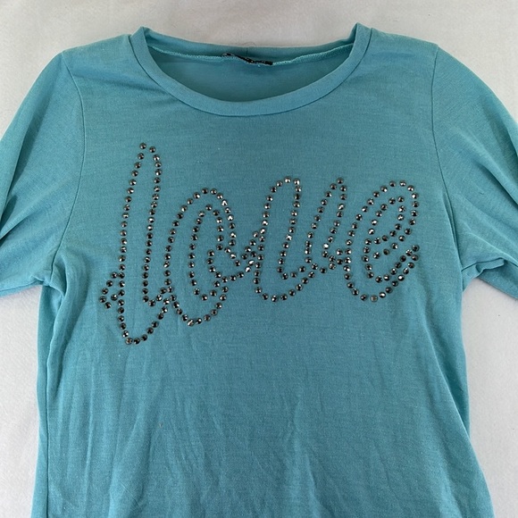 Libian Long Sleeve Shirt Sweater Blouse Love Rhinestone Blue Womens Size 1X - Picture 3 of 8
